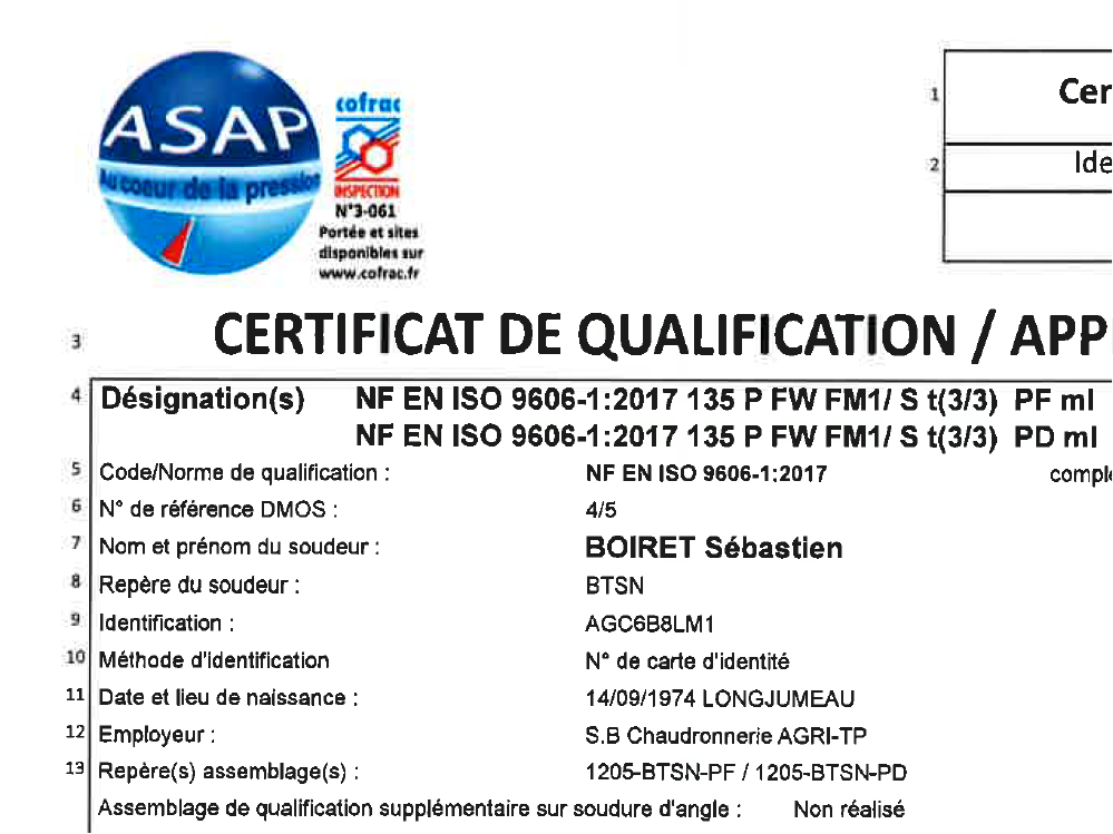 Qualification ASAP Sébastien Boiret - Soudeur